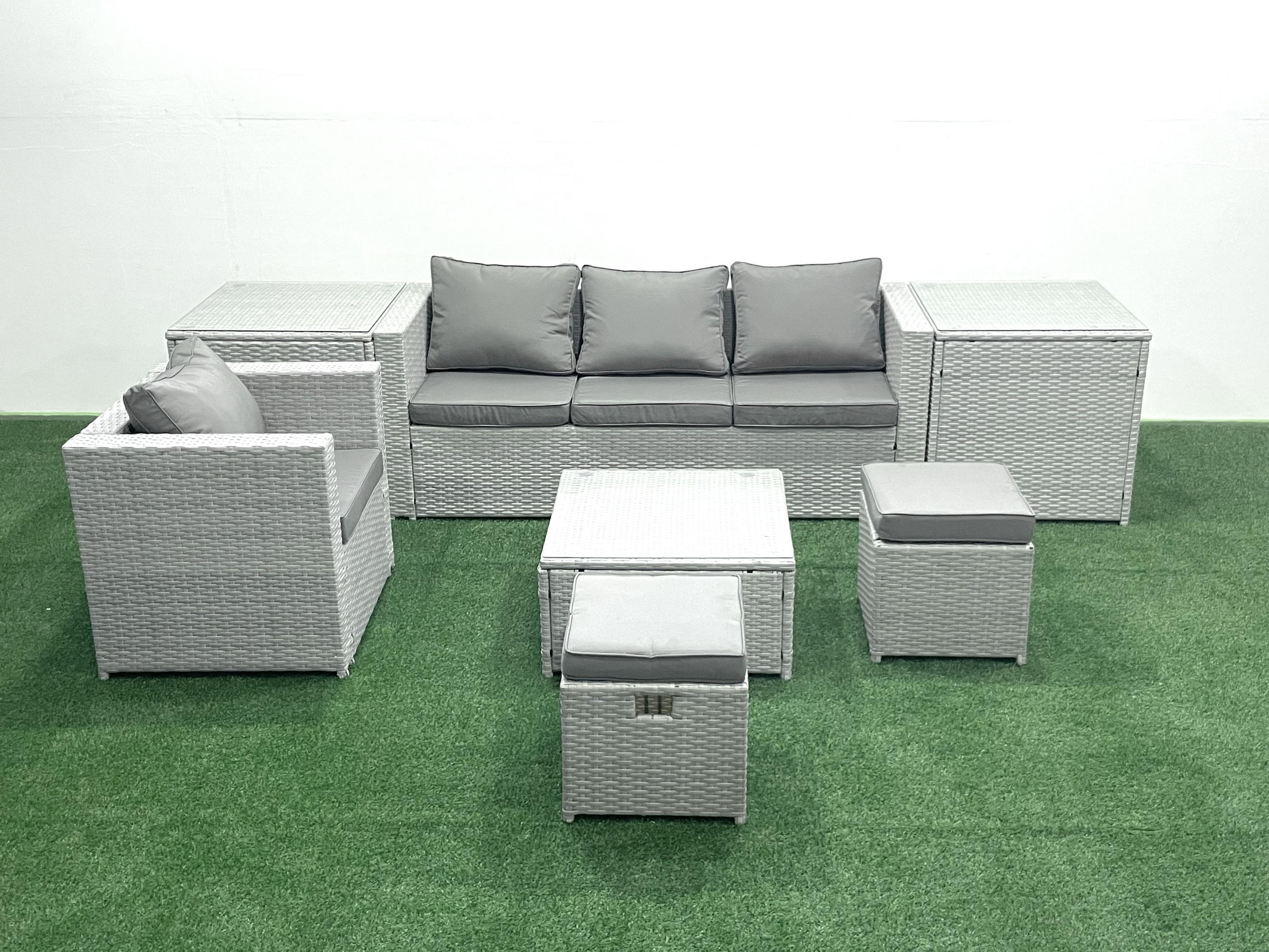 GARTENMÖBELSET mit 3-SITZER SOFA,COUCHTISCH Polyrattan Hellgrau-Mix 6-Sitzer - Hellgrau/Grau, Glas/Kunststoff - Fimous