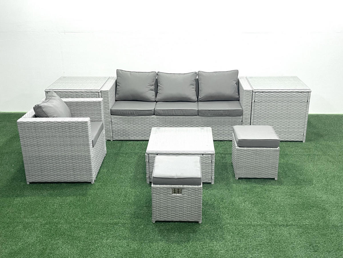 GARTENMÖBELSET mit 3-SITZER SOFA,COUCHTISCH Polyrattan Hellgrau-Mix 6-Sitzer - Hellgrau/Grau, Glas/Kunststoff - Fimous