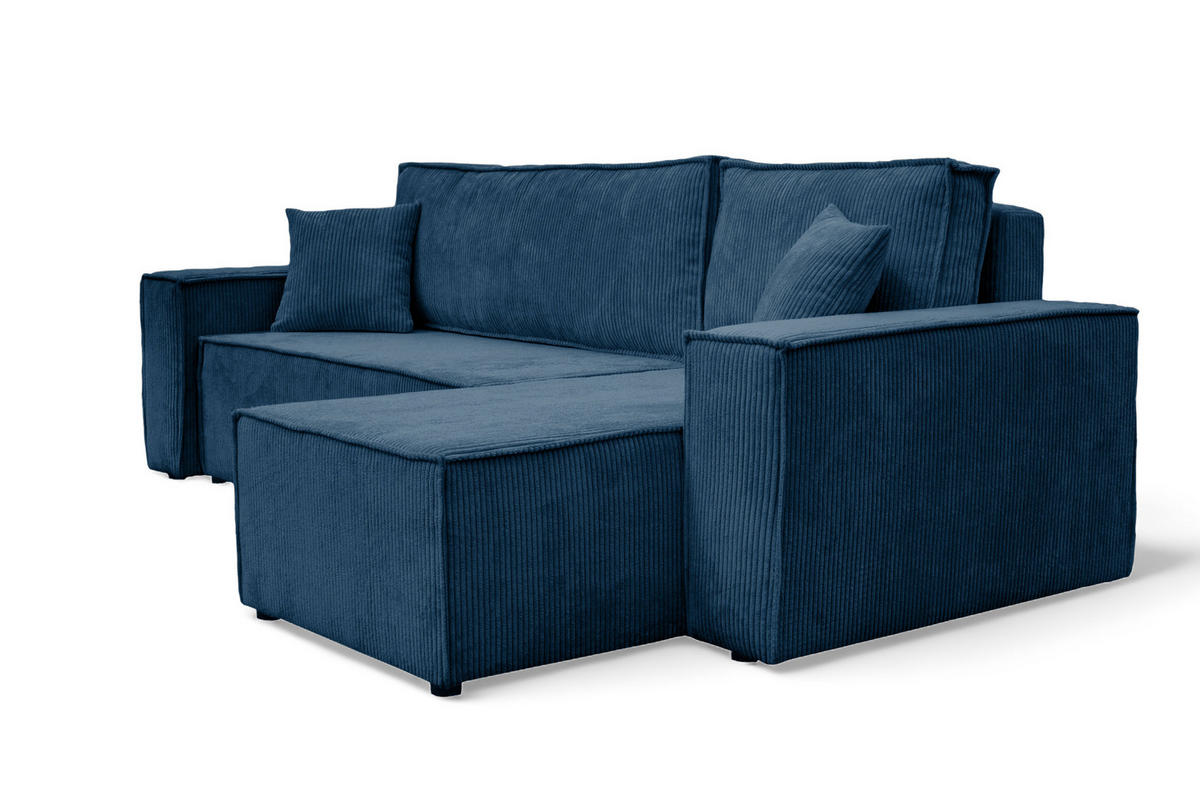 ECKSOFA Hugo L in L-Form mit Schlaffunktion und Bettkasten, Farbe: Blau, Cordstoff, Ottomane Unsiversal - Blau, Textil (244/145cm) - VENASI MÖBEL