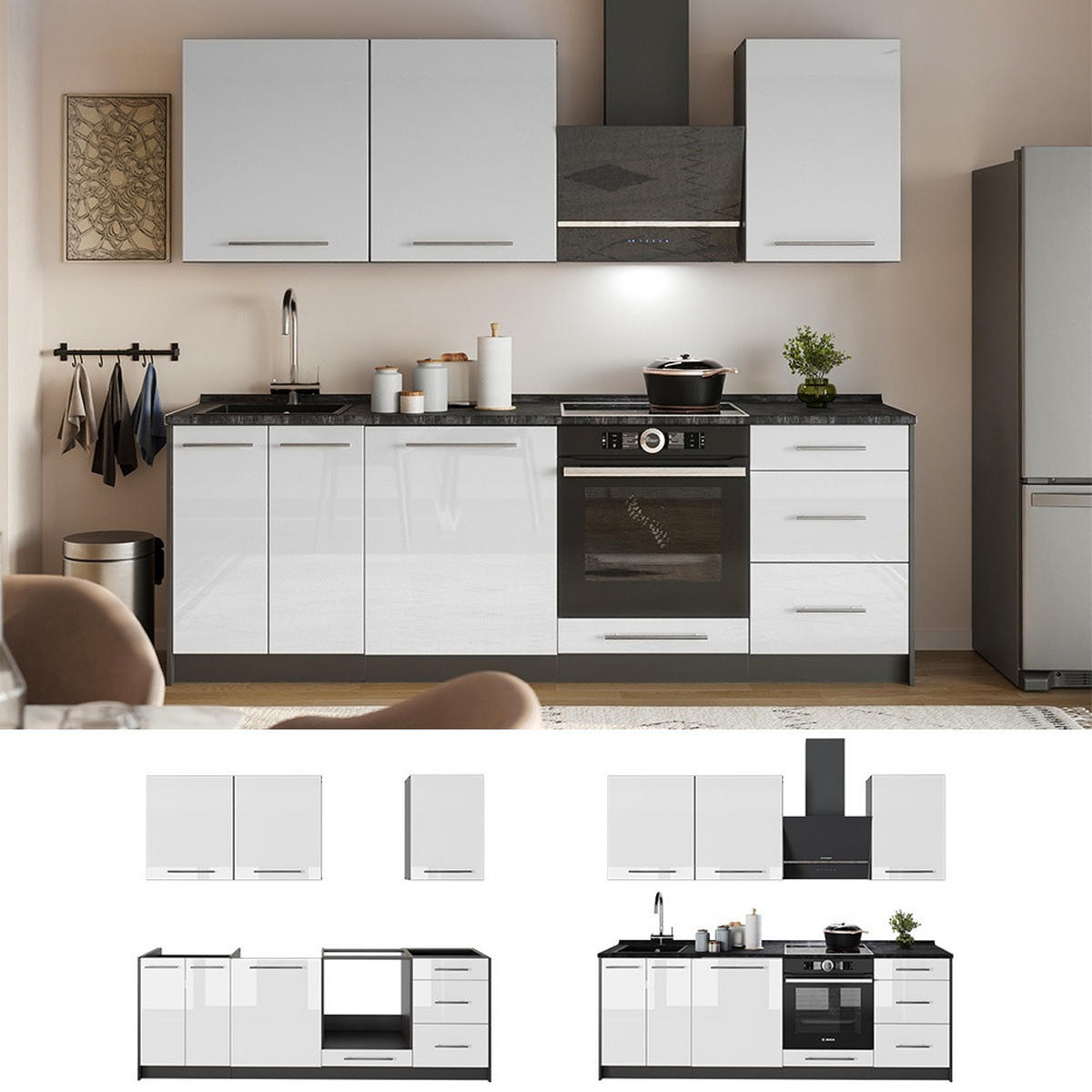 KÖK Fame-Line, Vit högblank/antracit, 230 cm, AP Oak - Antracit/Vit högglans, Träbaserade material (230/206.8/60cm) - Vicco