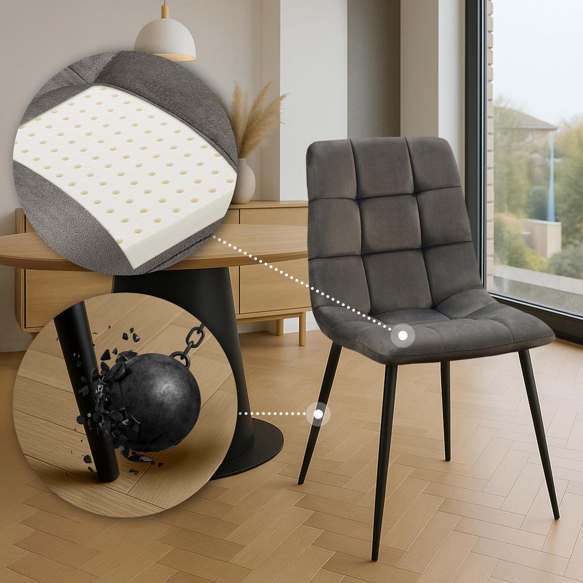 STUHL 4er Set Samt Anthrazit - Anthrazit/Schwarz, Textil/Metall (45/84/55cm) - CLP