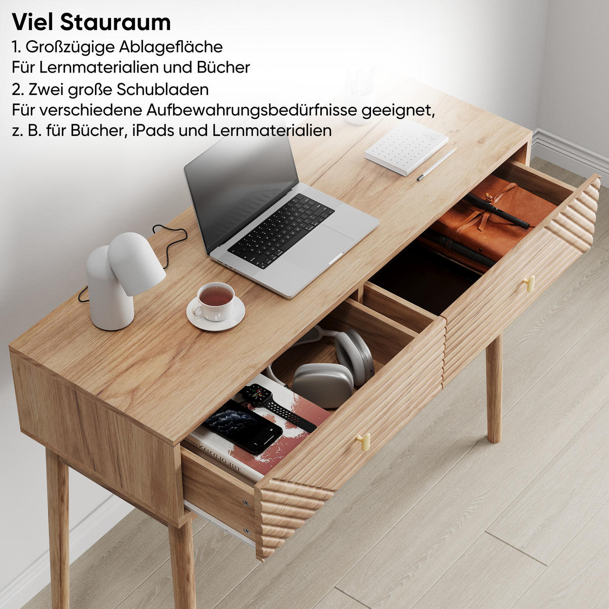 SCHMINKTISCH Moderner 100 cm Eiche Natur & Massivholz – Frisiertisch mit 2 Wellen-Schubladen im Mid-Century-Stil - Eichefarben, Holzwerkstoff (100/80/35cm) - Urban Meuble