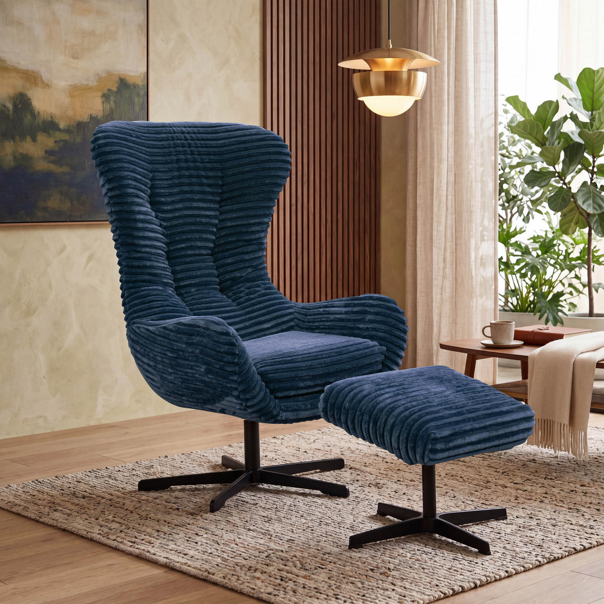 SESSEL MONACO 1-Sitzer, Cordstoff dunkelblau - Schwarz/Dunkelblau, Holz/Textil (74/116/84cm) - Courtois Laville