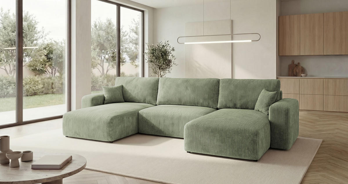 WOHNLANDSCHAFT BERLIN U-Form hellgrün Cord Poso 47 - Schlaffunktion, Bettkasten - Hellgrün, Textil (385/86/185cm) - Cornero