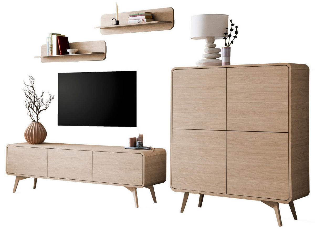 WOHNWAND Eiche natur 4-teilig 308 cm, Wohnkombination mit Push-to-Open - Eichefarben, Holz/Holzwerkstoff (308/170/39cm) - Furn.Design