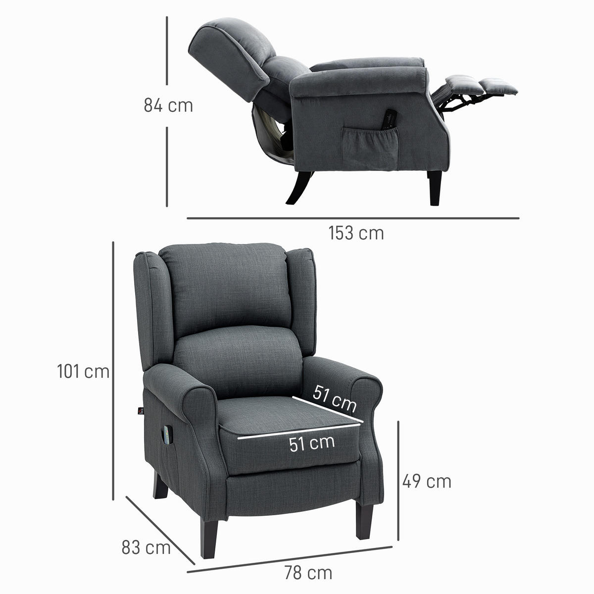 RELAXSESSEL Fernsehsessel mit Liegefunktion, Dunkelgrau - Dunkelgrau, Textil (78/101/83cm) - HOMCOM