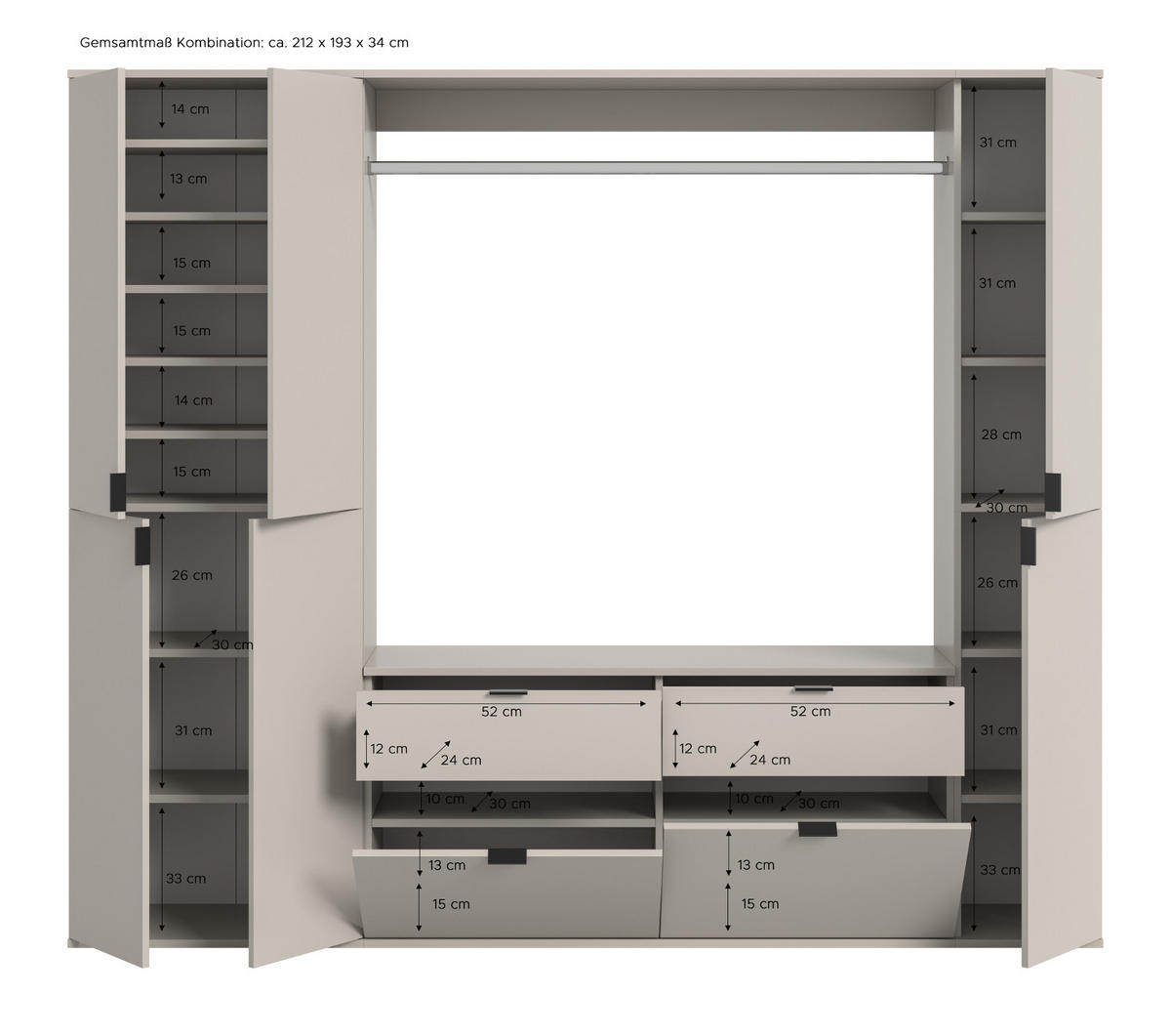 GARDEROBEN-SET Kaschmir 212 x 193 cm, Garderobenschrank mit viel Stauraum - Kaschmir/Schwarz, Holzwerkstoff/Metall (212/193/34cm) - Inn.Furn