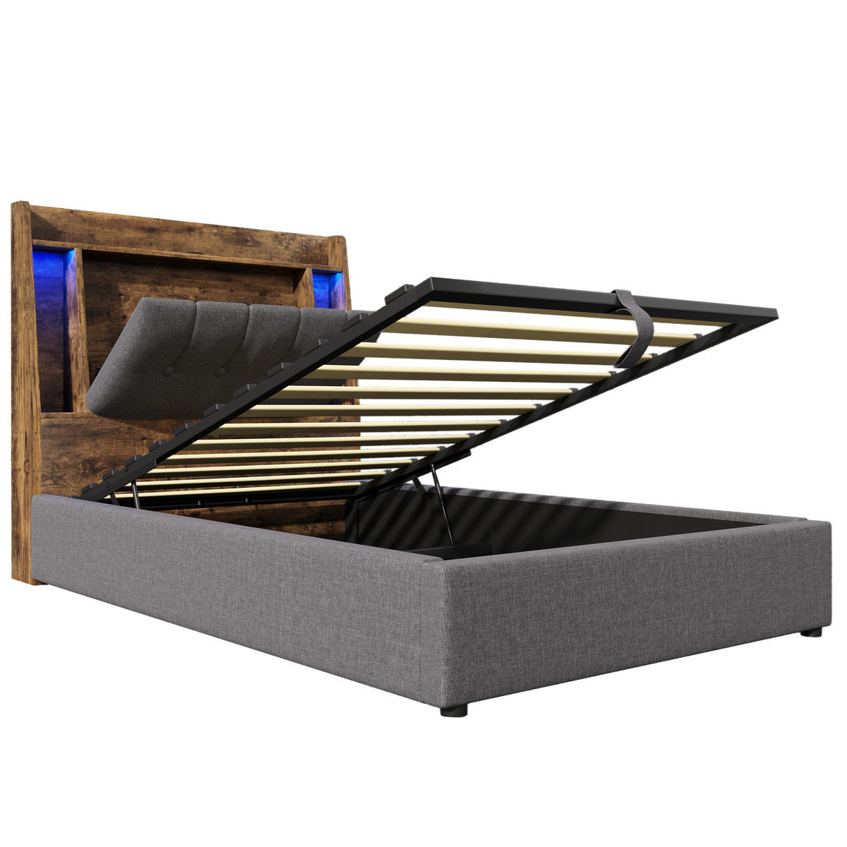 POLSTERBETT 90x200cm Grau USB-C LED-Licht App-Steuerung Leinen - Grau, Holz (90/200cm) - FLIEKS