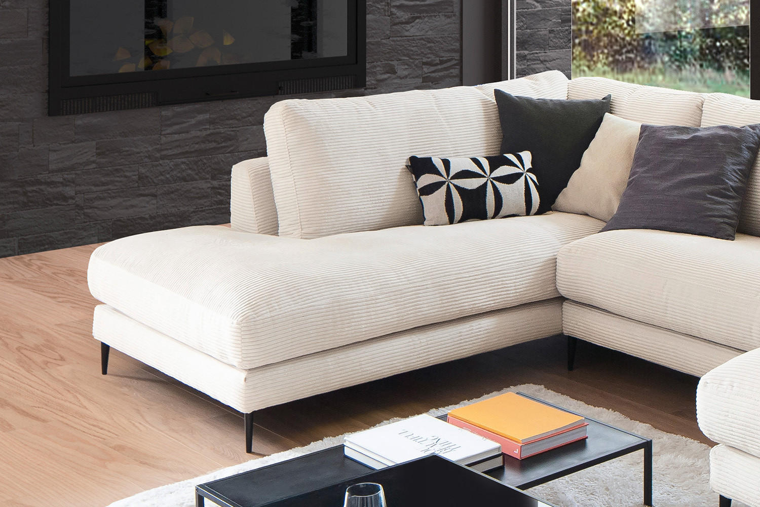 WOHNLANDSCHAFT CARA Cremeweiß Cord - Creme/Schwarz, Textil (341/84/223cm) - KAWOLA