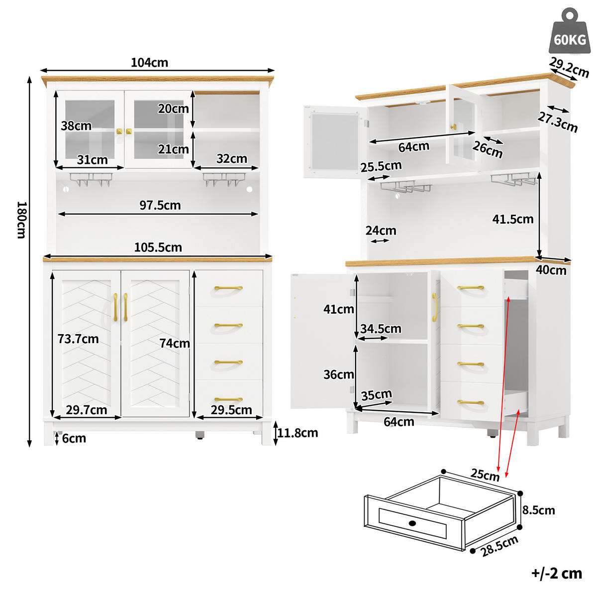BUFFETSCHRANK mit LED 105,5x40x180 cm MDF Weiß - Weiß, Holzwerkstoff (40/180/105.5cm) - Meubliv