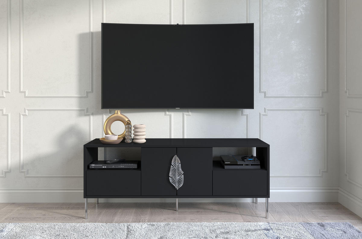 LOWBOARD Merlin, Schwarz, Silberne Details - Silberfarben/Schwarz, Holzwerkstoff/Metall (138/60/40cm) - Skandica