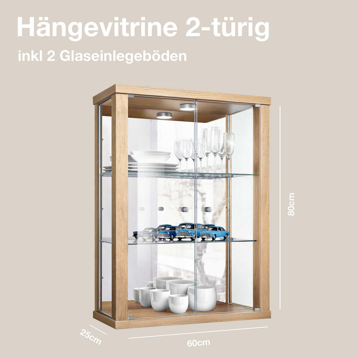 HÄNGEVITRINE 25/60/80 cm mit Spiegel, LED & 2 höhenverstellbaren Glasböden - Transparent/Silberfarben, Glas/Holzwerkstoff (60/80/25cm) - K-Möbel