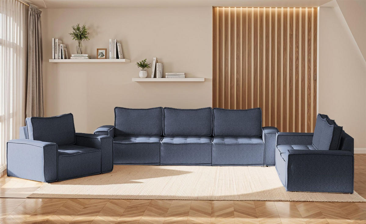 SOFASET Sande 3-2-1 In Raven - Blau, Holzwerkstoff/Textil (292/85/90cm) - Fun Möbel