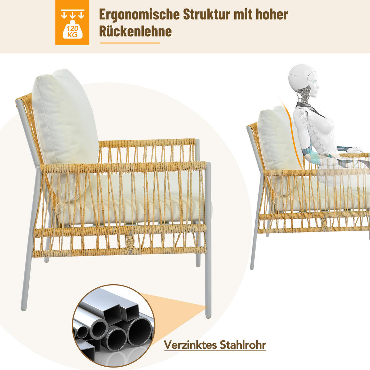 GARTENSET 7-Sitzer Beige PE-Rattan Mit Waschbaren Kissen - Beige, Metall - FLIEKS