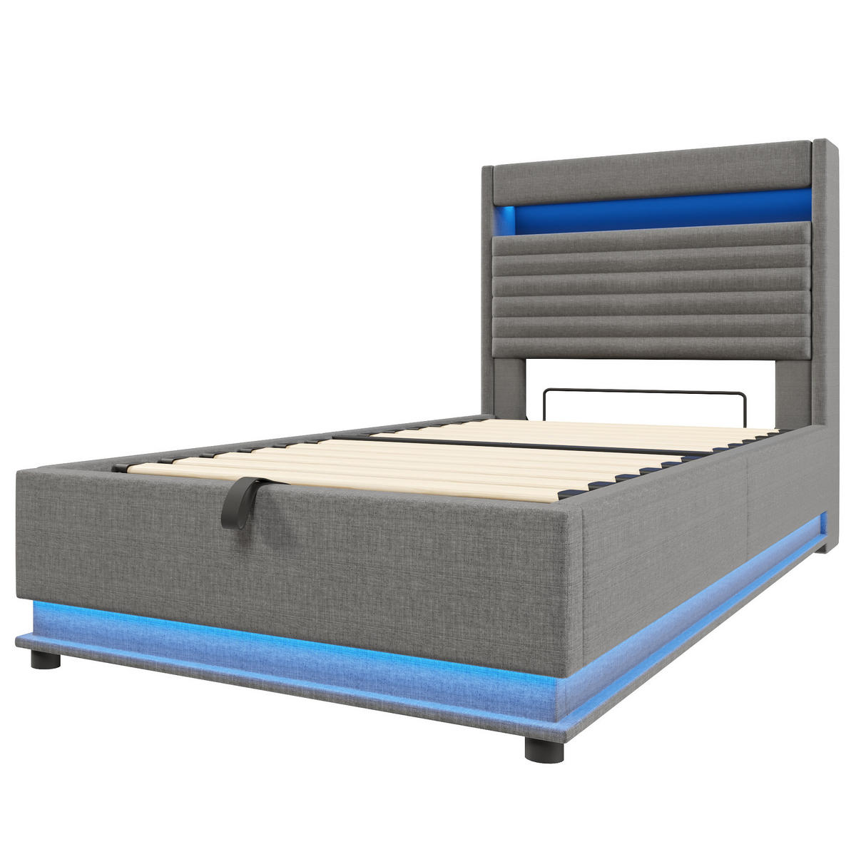 POLSTERBETT 90/200 cm mit LED-Beleuchtung, USB- und Typ-C-Anschluss, hydraulischem Stauraum und Ablage, Grau - Grau, Textil (90/200cm) - Redom