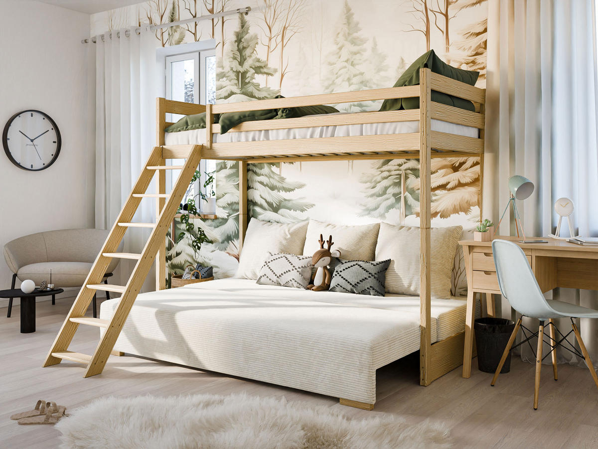 HOCHBETT mit Schlafsofa 200x140 cm in natur und cremefarben - Creme/Naturfarben, Holz (140/200cm) - Kids Collective