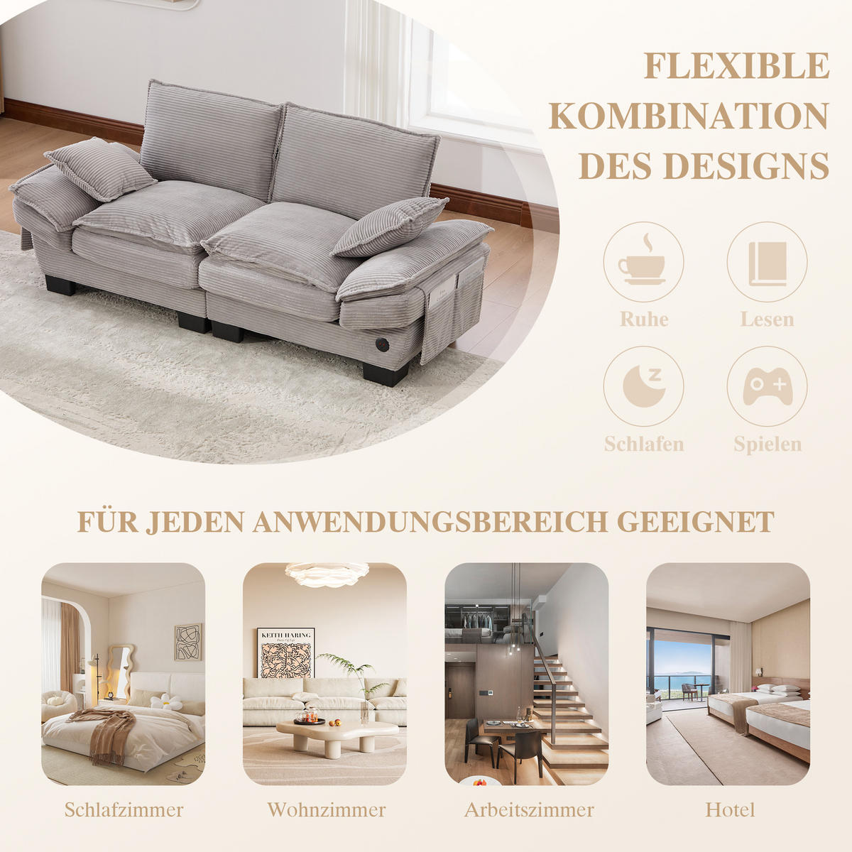 2-SITZER SOFA Cord Hellgrau mit USB-C und Seitentaschen - Hellgrau, Holzwerkstoff/Kunststoff (190/84/73cm) - WISHDOR