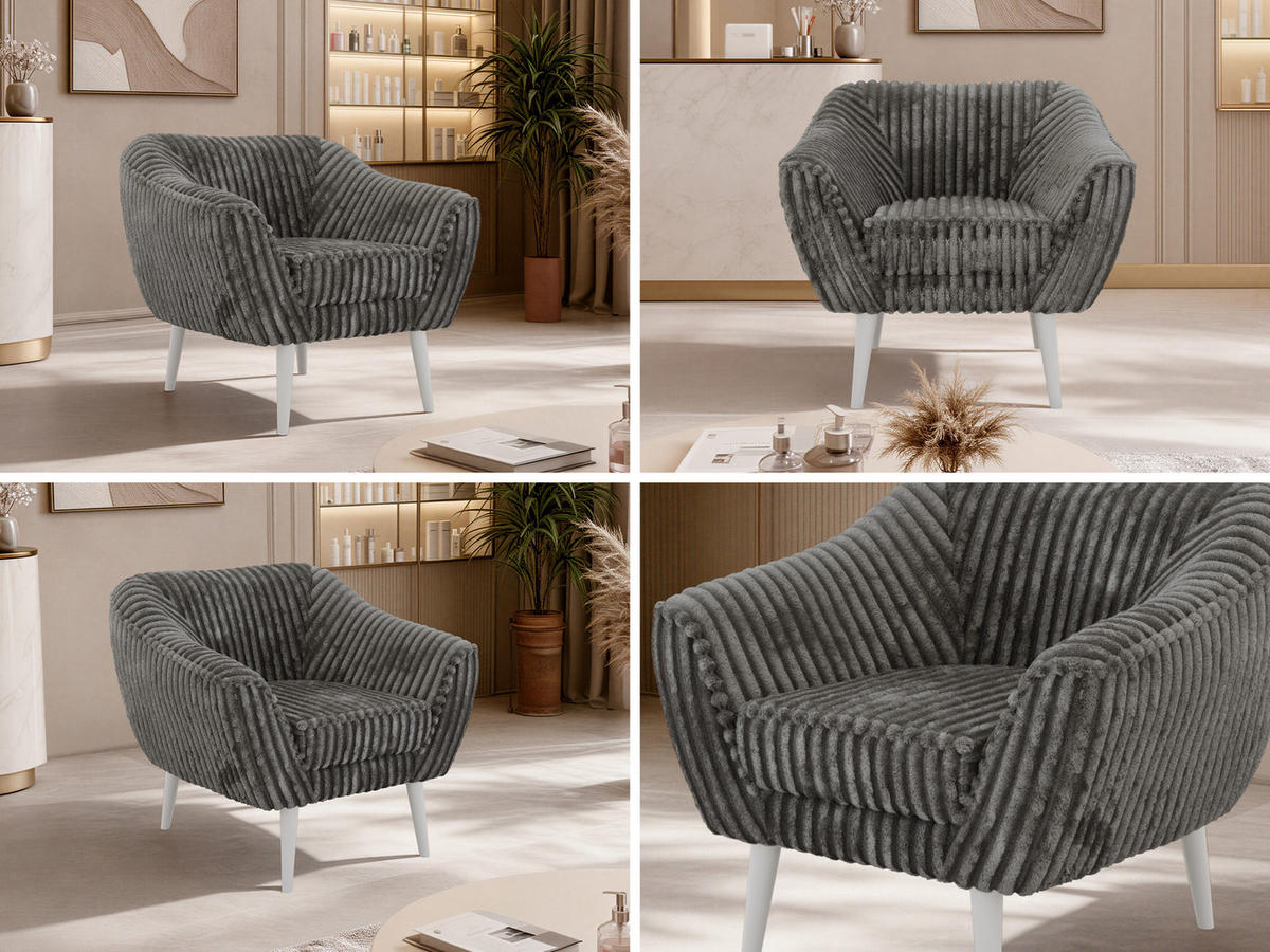 SESSEL PIRS - Grau Cord - Weiße Beine - Weiß/Grau, Holzwerkstoff/Textil (80/75/74cm) - MKS