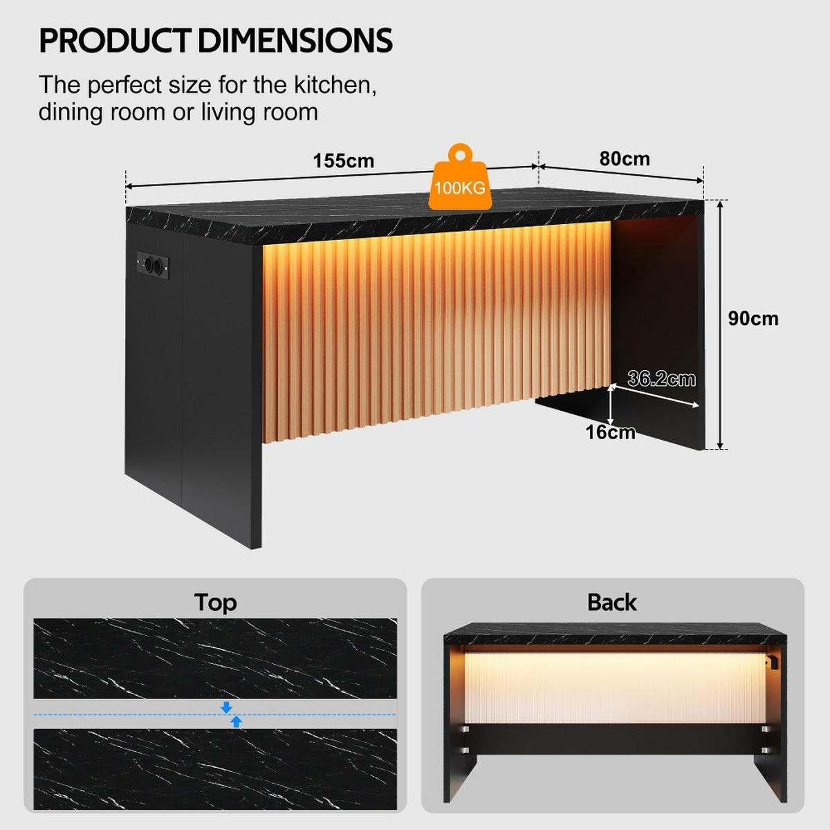 KÜCHENINSEL mit Steckdosen und LED-Beleuchtung, Marmoroptik Schwarz, Industrial Style, 155/80/90 cm - Schwarz, Kunststoff (80/90/155cm) - Rolipo