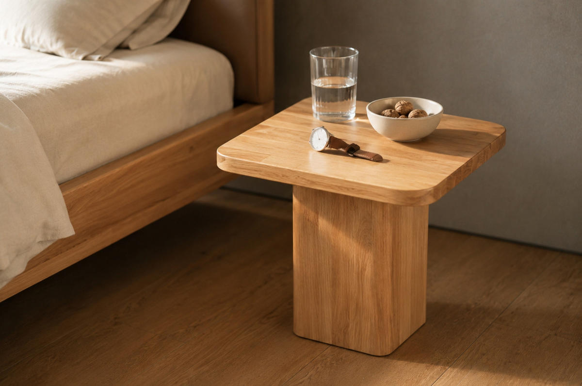 MASSIVHOLZ-NACHTTISCH Eyko MAUI, asymmetrisch, 40x34 cm, Wildeiche - lackiert - Eichefarben, Holz (40/34/32cm)