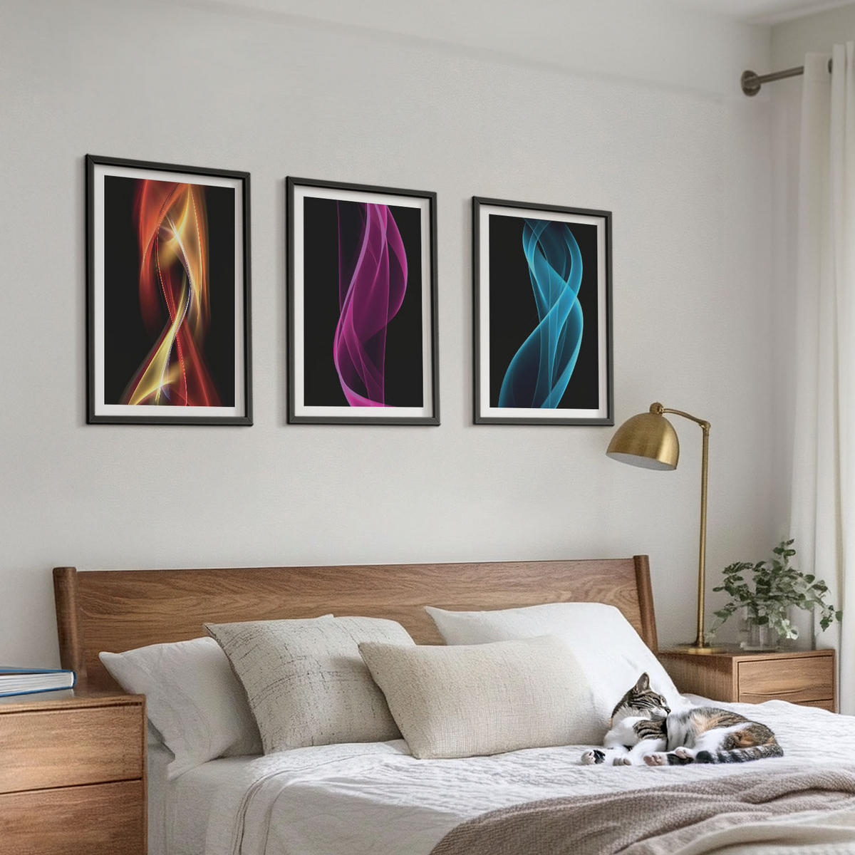 BILDER SET 3er Set - 40x60 cm Schwarzer Rahmen - Neonwellenlinien auf dunklem Hintergrund - Schwarz, Kunststoff (40/60cm) - TULUP