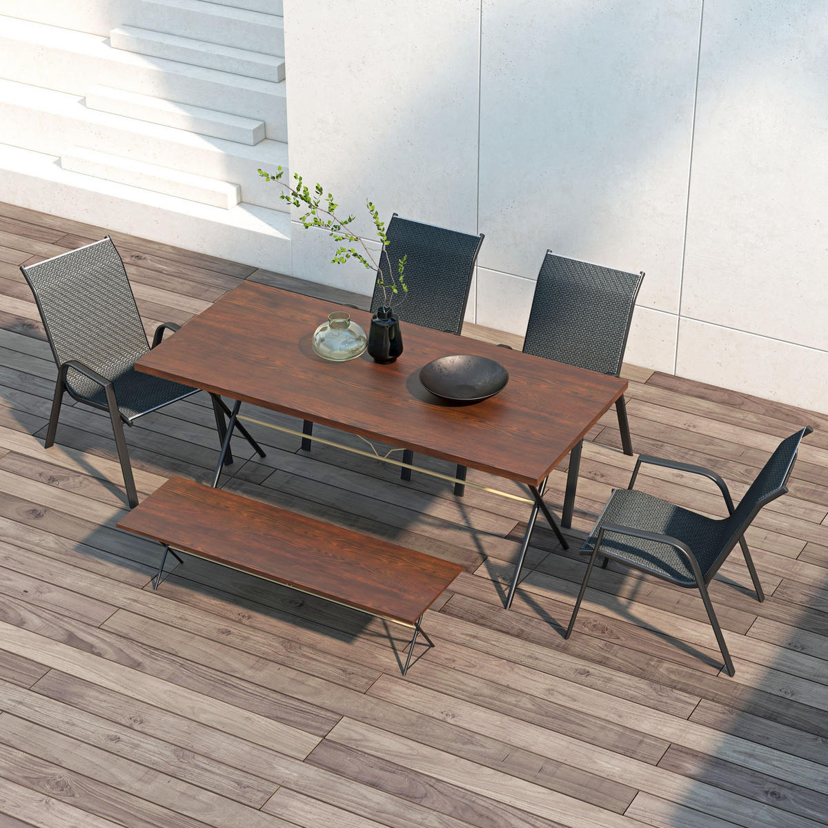 GARTENSTUHL DE-13587 4er-Set mit Armlehnen, stapelbar Natur - Grau, Metall (70/85/52cm) - ComfortXL