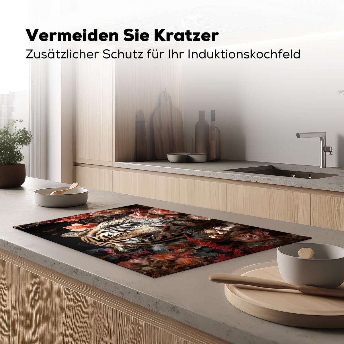 HERDABDECKPLATTE Tiger - Tier - Natur - Floral - Botanisch 81x52 cm - Orange, Kunststoff (81.2/0.2/52cm) - MuchoWow
