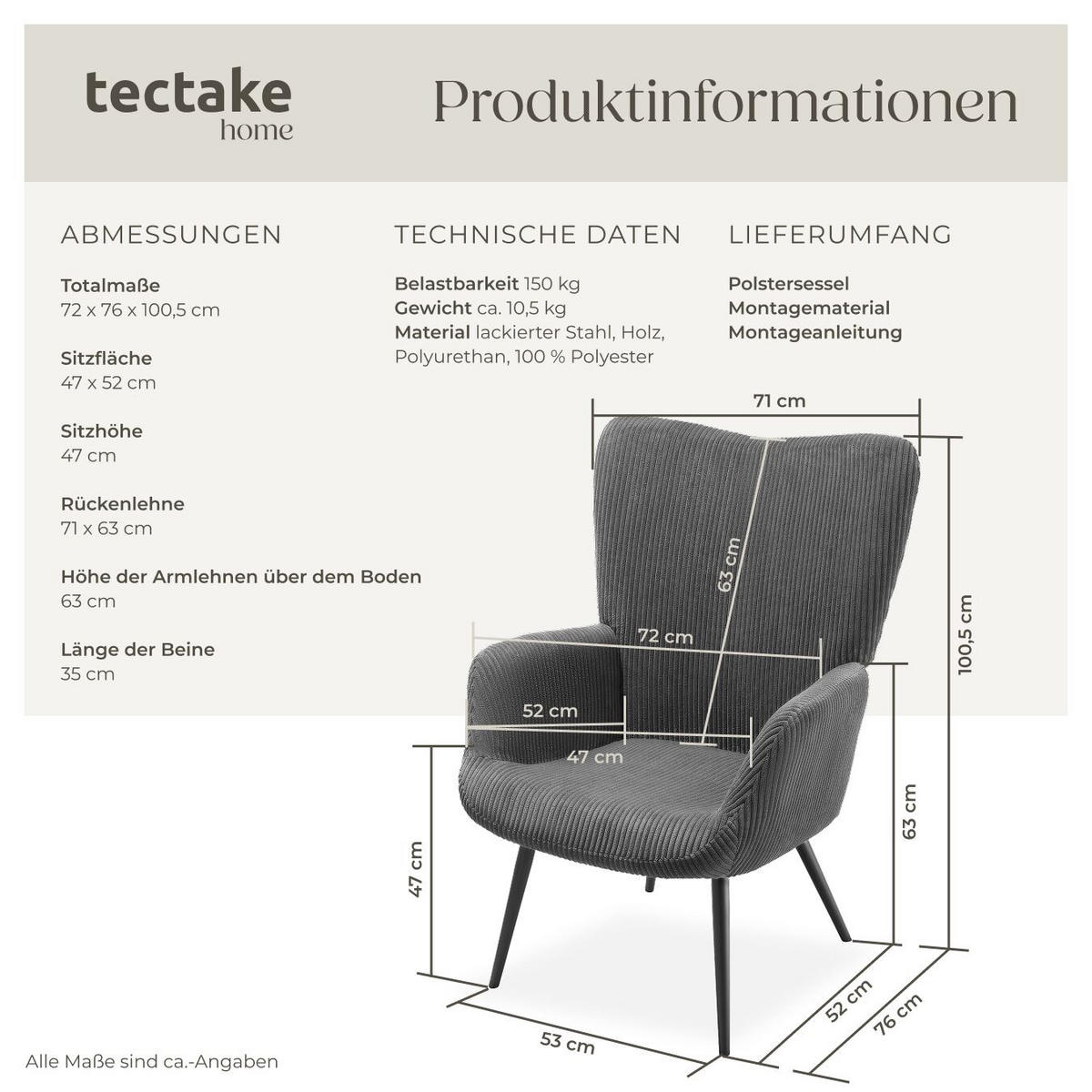 SESSEL Hygge,72 x 76 x 100,5 cm,Breitcord anthrazit/schwarz - Anthrazit/Schwarz, Kunststoff (72/100.5/76cm) - tectake