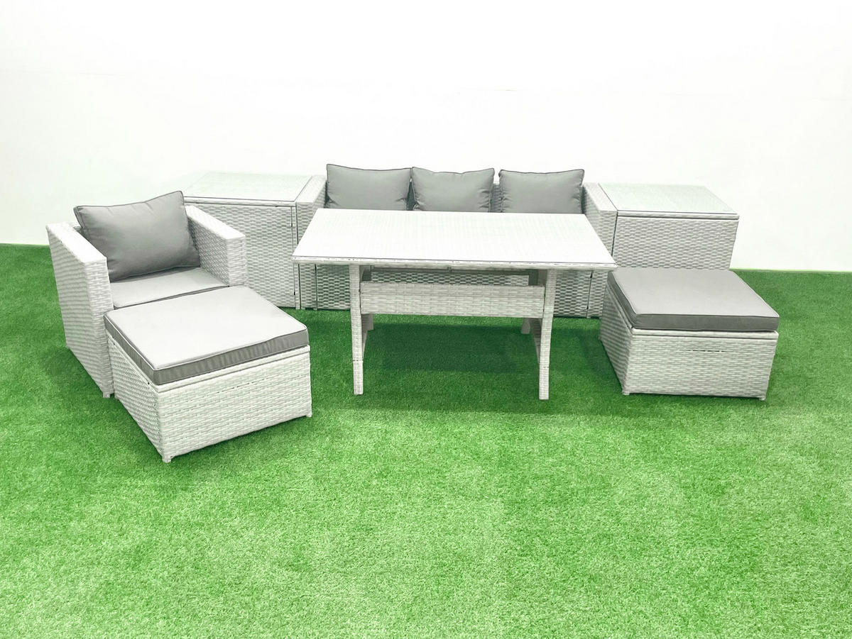 GARTENSET mit Esstisch,Sofa,2 Großer Hocker,Stuhl, 2 Beistelltischen Polyrattan Hellgrau 6-Sitzer - Hellgrau/Grau, Glas/Kunststoff - Fimous