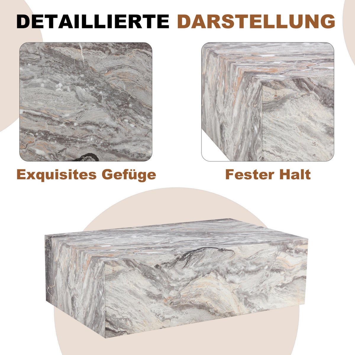 COUCHTISCH aus MDF 90x50x30 cm in Grau mit Marmorimitat-Textur - Grau, Holzwerkstoff (90/50/30cm) - Modfu