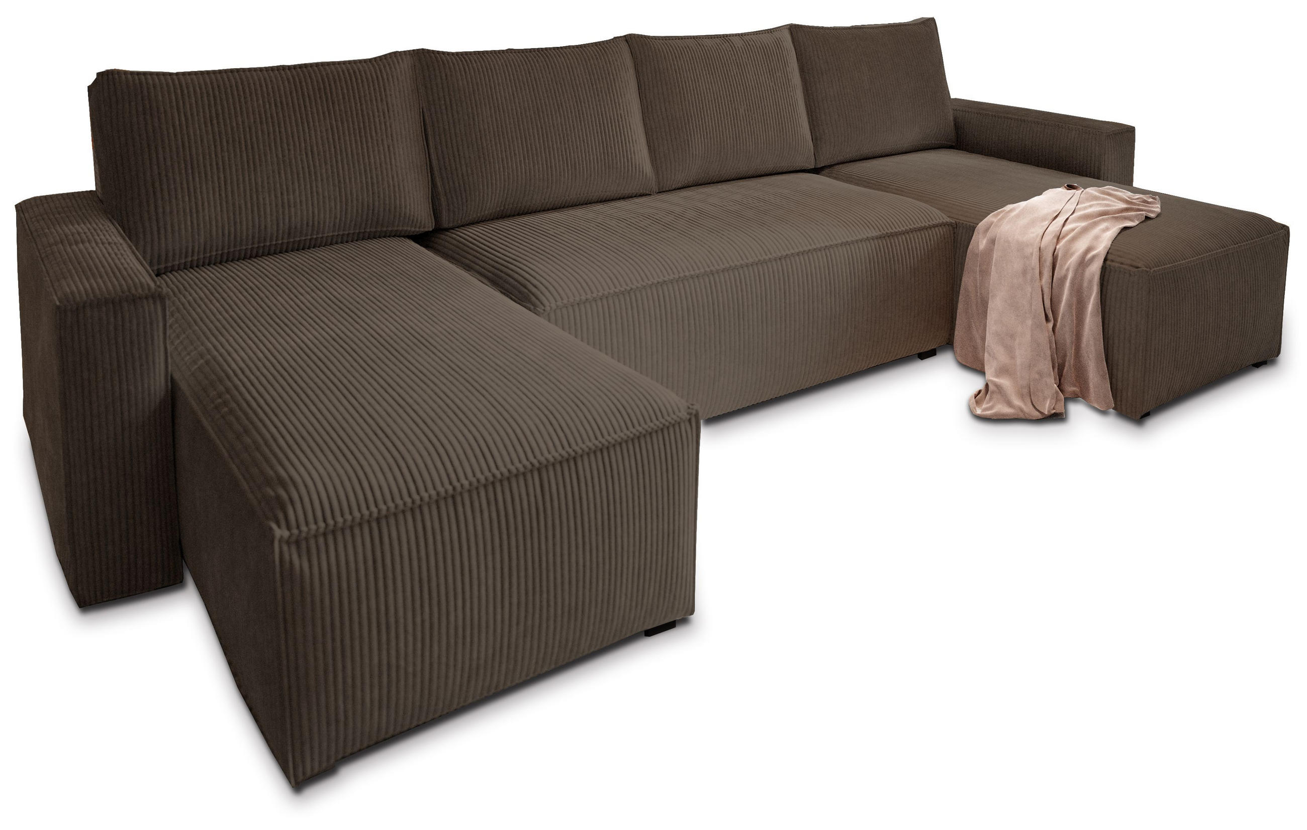 WOHNLANDSCHAFT ASPRA Braun Kordstoff mit Schlaffunktion - Braun, Holz (295/85/140cm) - MASSENO