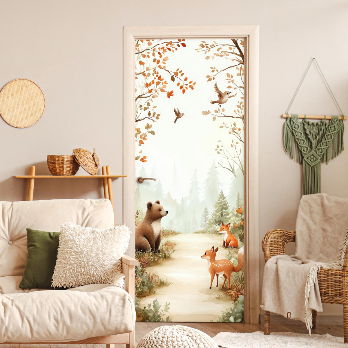 NALJEPNICA ZA VRATA Šumske životinje jesen 85x215 cm - boje kestena, plastika (85/0.1cm) - MuchoWow