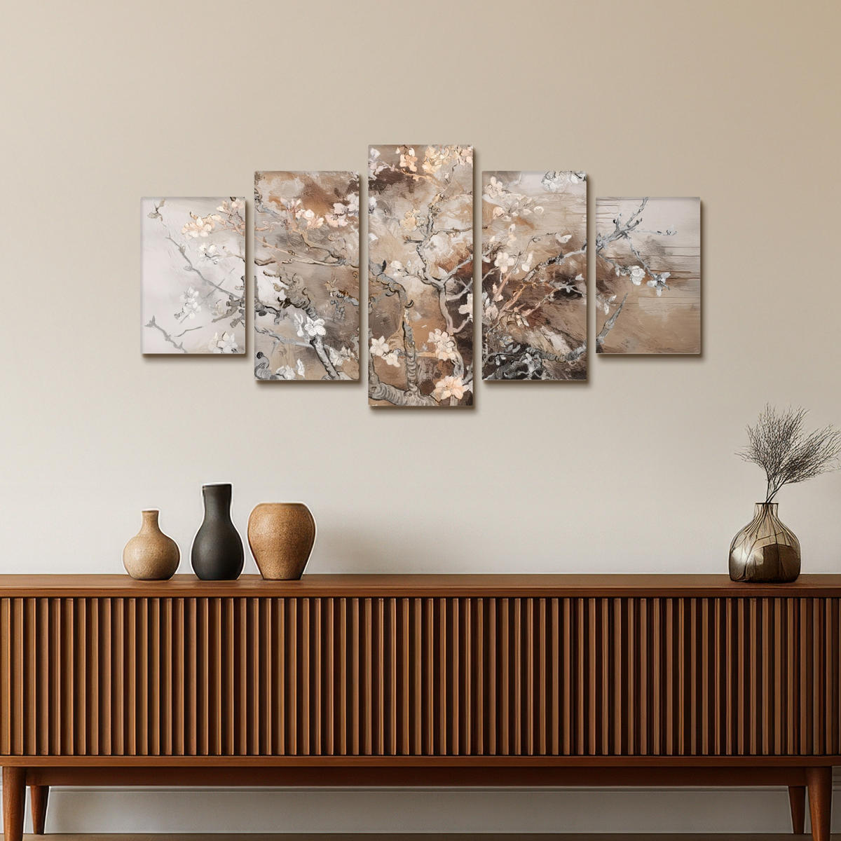 LEINWANDBILD 5er Set Mandelblüte - Abstrakt - Beige 100x50 cm - Beige, Textil (100/50cm) - MuchoWow