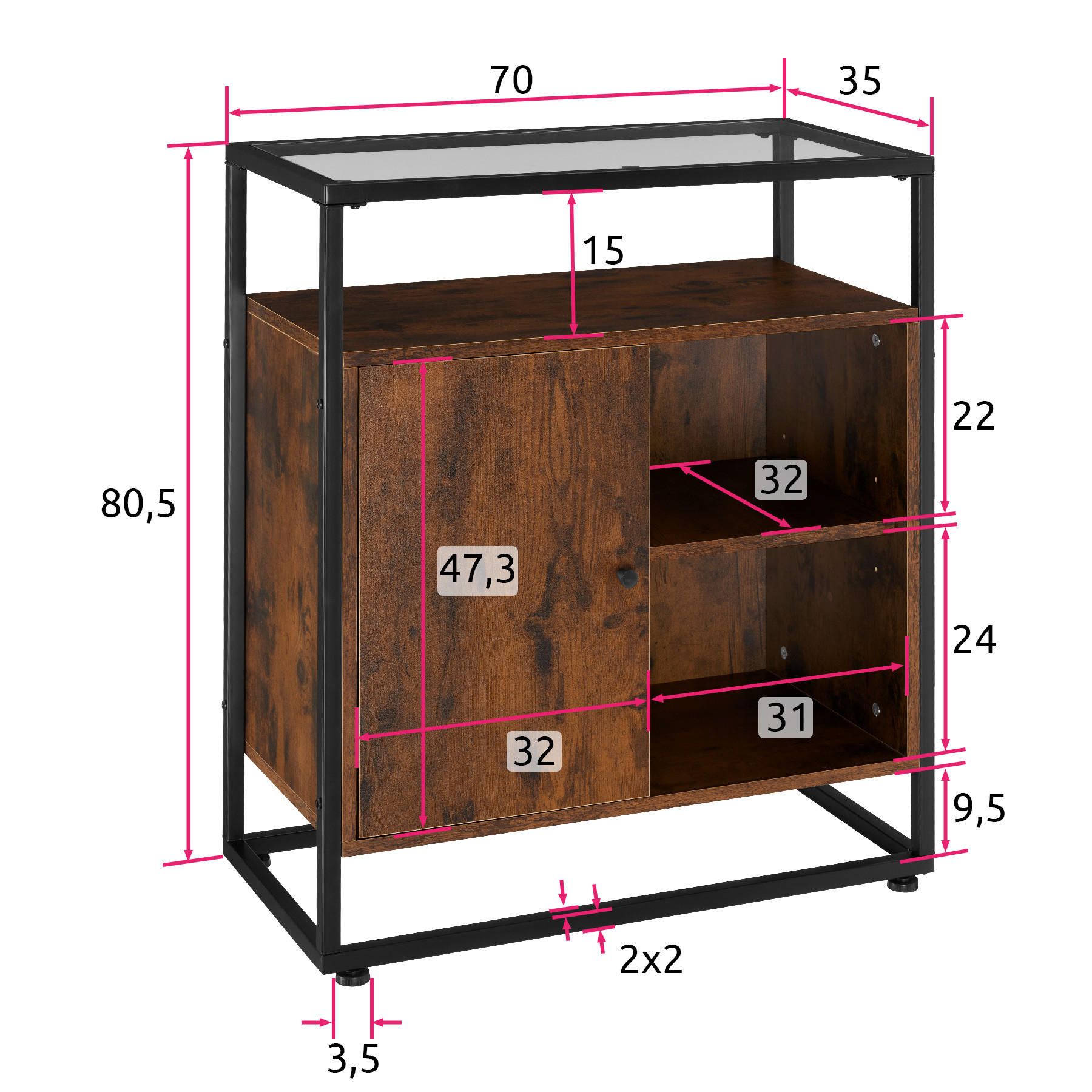 KOMMODE Conventry,70 x 38 x 80,5 cm,Industrial Holz dunkel, rustikal - Rostfarben, Holzwerkstoff (70/38/80.5cm) - tectake