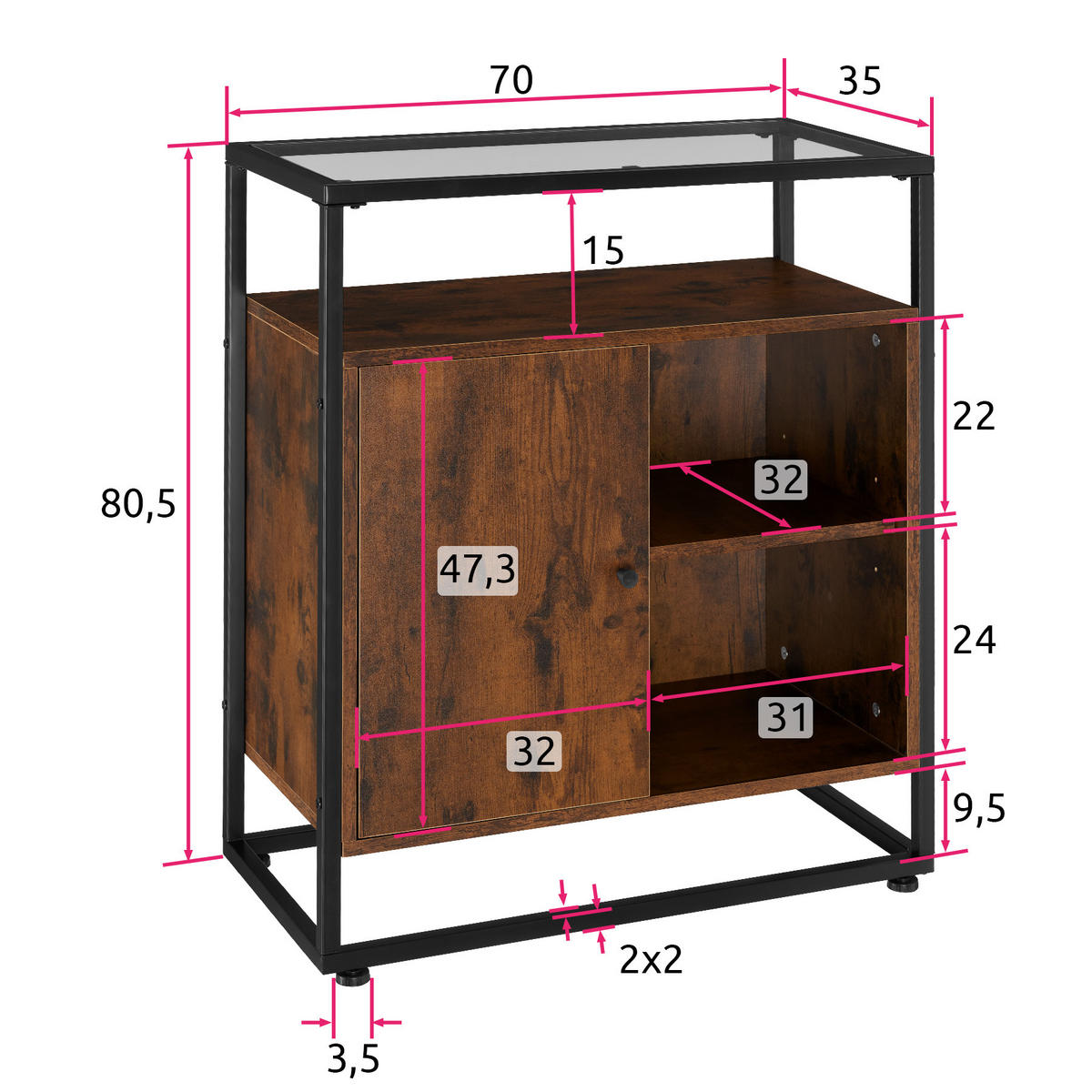 KOMMODE Conventry,70 x 38 x 80,5 cm,Industrial Holz dunkel, rustikal - Rostfarben, Holzwerkstoff (70/38/80.5cm) - tectake