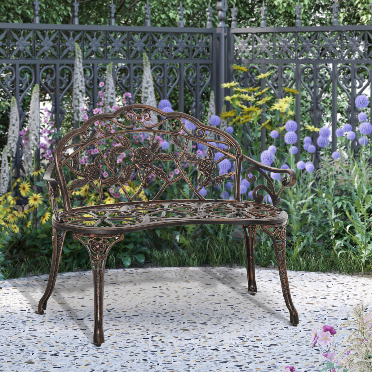 GARTENBANK 2-Sitzer DE-08358 Retro Stil mit Blumenmuster Bronze - Bronzefarben, Metall (100/78/54cm) - ComfortXL