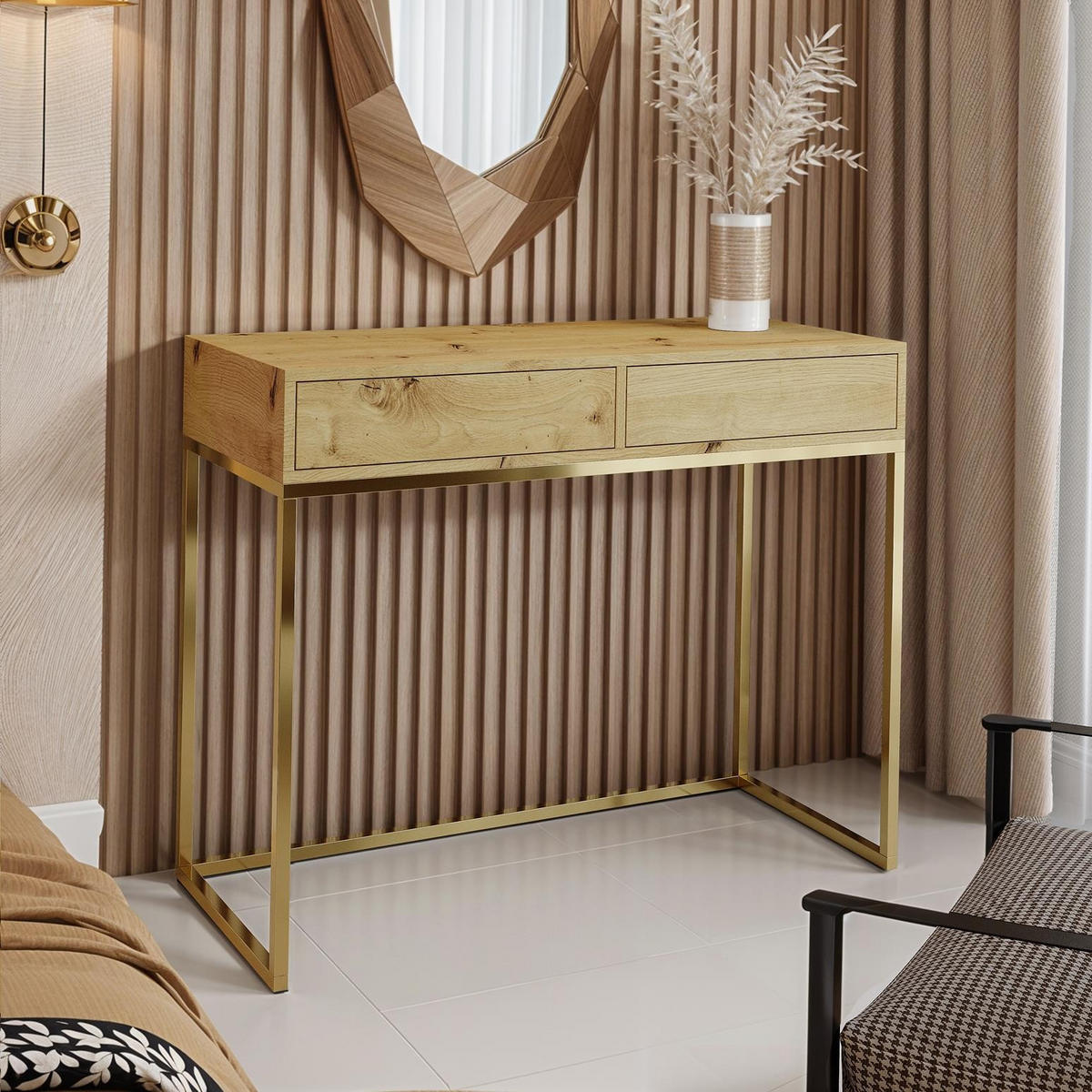 SCHMINKTISCH Cubic 100 Wotan Eiche, mit Goldgestell - Eiche Wotan/Goldfarben, Holzwerkstoff/Metall (35/100/80cm) - Bettso