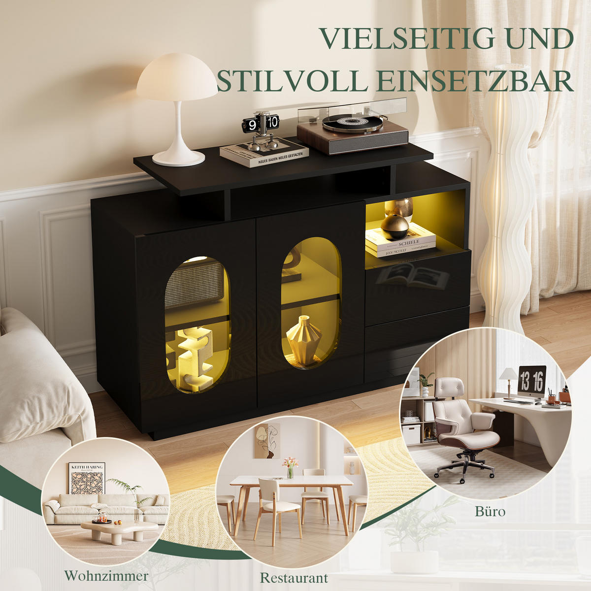 SIDEBOARD mit LED, Glastüren und Hochglanzfront, Schwarz - Schwarz, Holzwerkstoff (120/80/40cm)