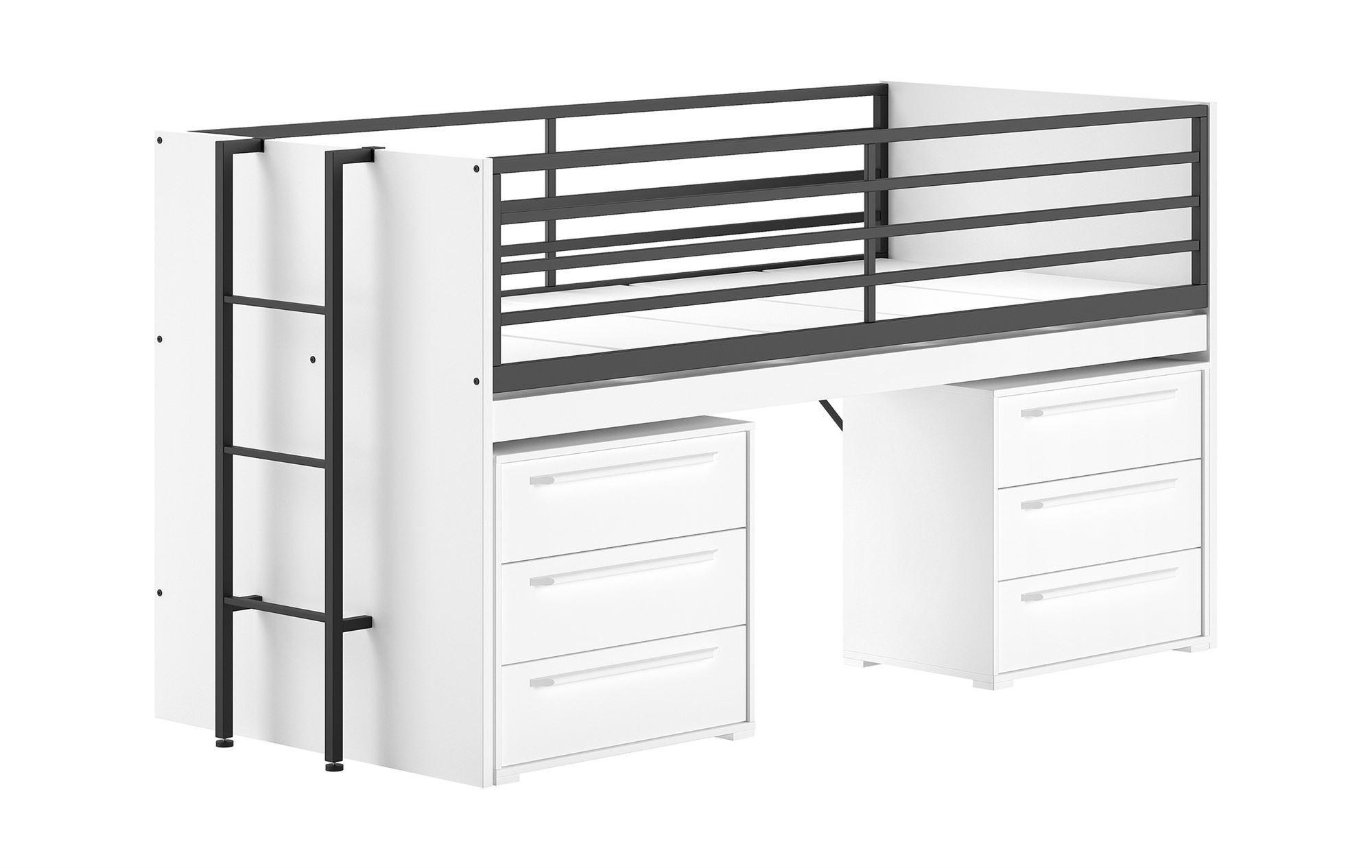 HALBHOCHBETT 90x200 Keelia Weiß mit Schreibtisch Stauraum - Weiß, Kunststoff (90/200cm) - 58aufmkessel