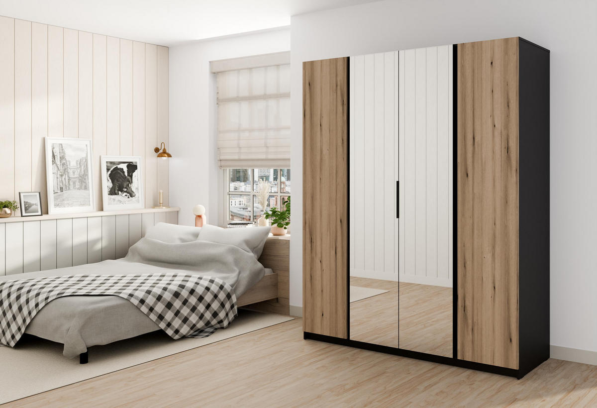 KLEIDERSCHRANK Nehir Schwarz/Eiche Evoke 200 cm - 4T Modern mit 2 Spiegeln mittig - Eichefarben/Schwarz, Holzwerkstoff/Kunststoff (200/239/61.9cm) - AX Living