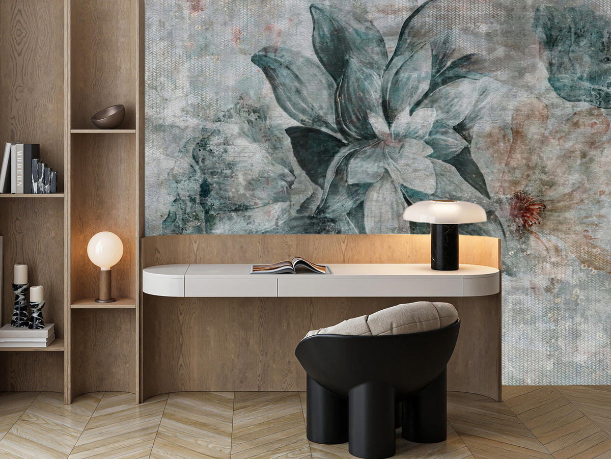FOTOTAPETE für Schlafzimmer Aquarellblumen Beton Natur Pflanzen 200x140 - Grau, Papier (200/140cm) - Muralo