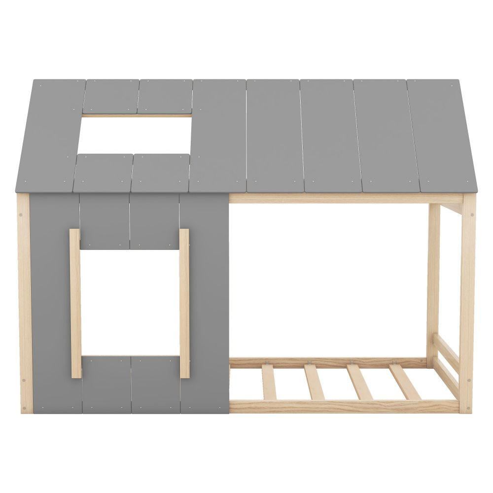 HAUSBETT 90/200 cm in Natur und Grau mit Fenster - Kieferfarben, Holz (90/200cm) - KOMHTOM