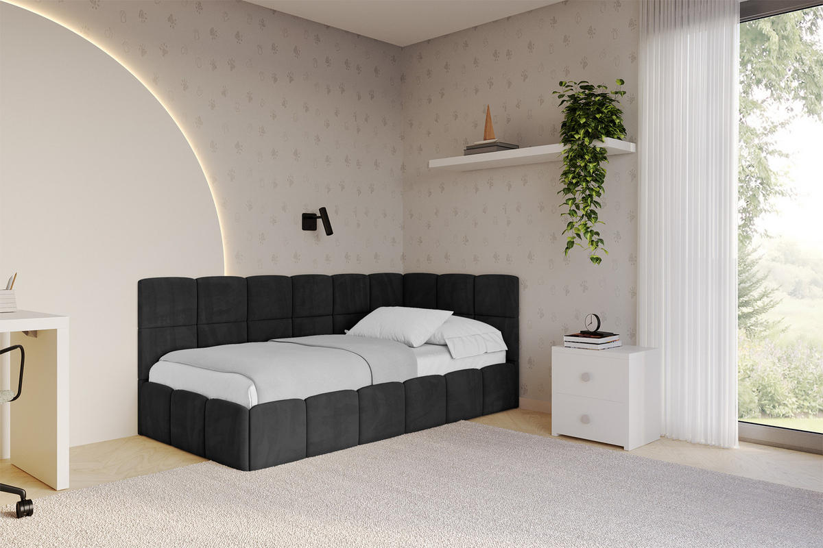 EINZELBETT Jugendbett mit Bettkasten Links, mit Matratze - LIVY 80x200 Schwarz - Schwarz, Holzwerkstoff/Textil (80/200cm) - ALTDECOR