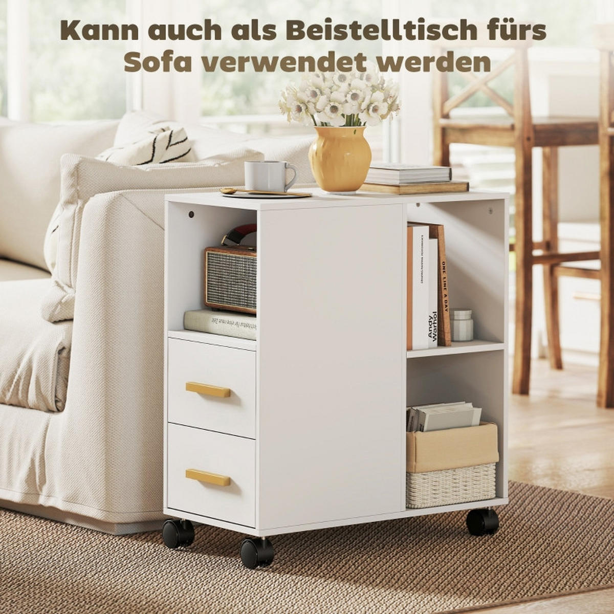 BÜCHERREGAL 60/30/65 cm mit 2 Schubladen, Rollen und verstellbarem Boden in Weiß - Weiß, Holz (60/65/30cm) - BEAOK