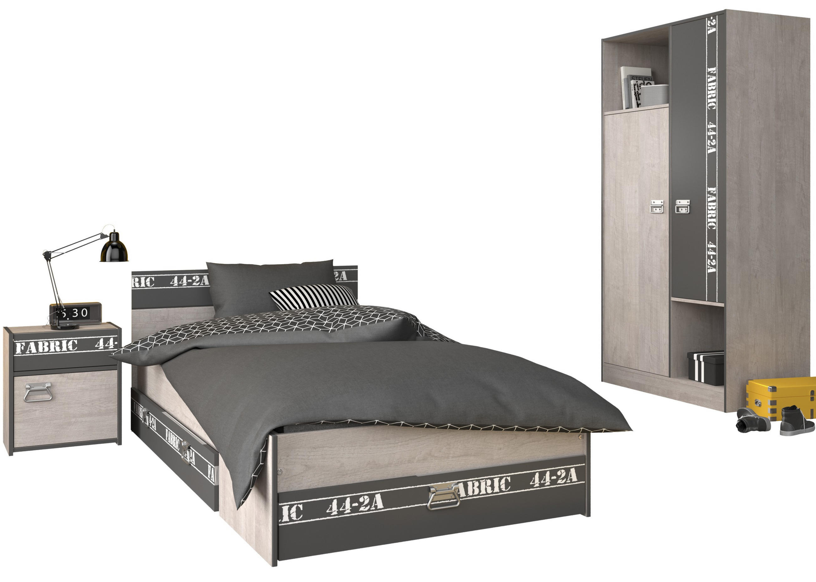 JUGENDZIMMER Fabric 2 in Esche und Grau 4 teilig - Braun, Holzwerkstoff (120/200/80cm)
