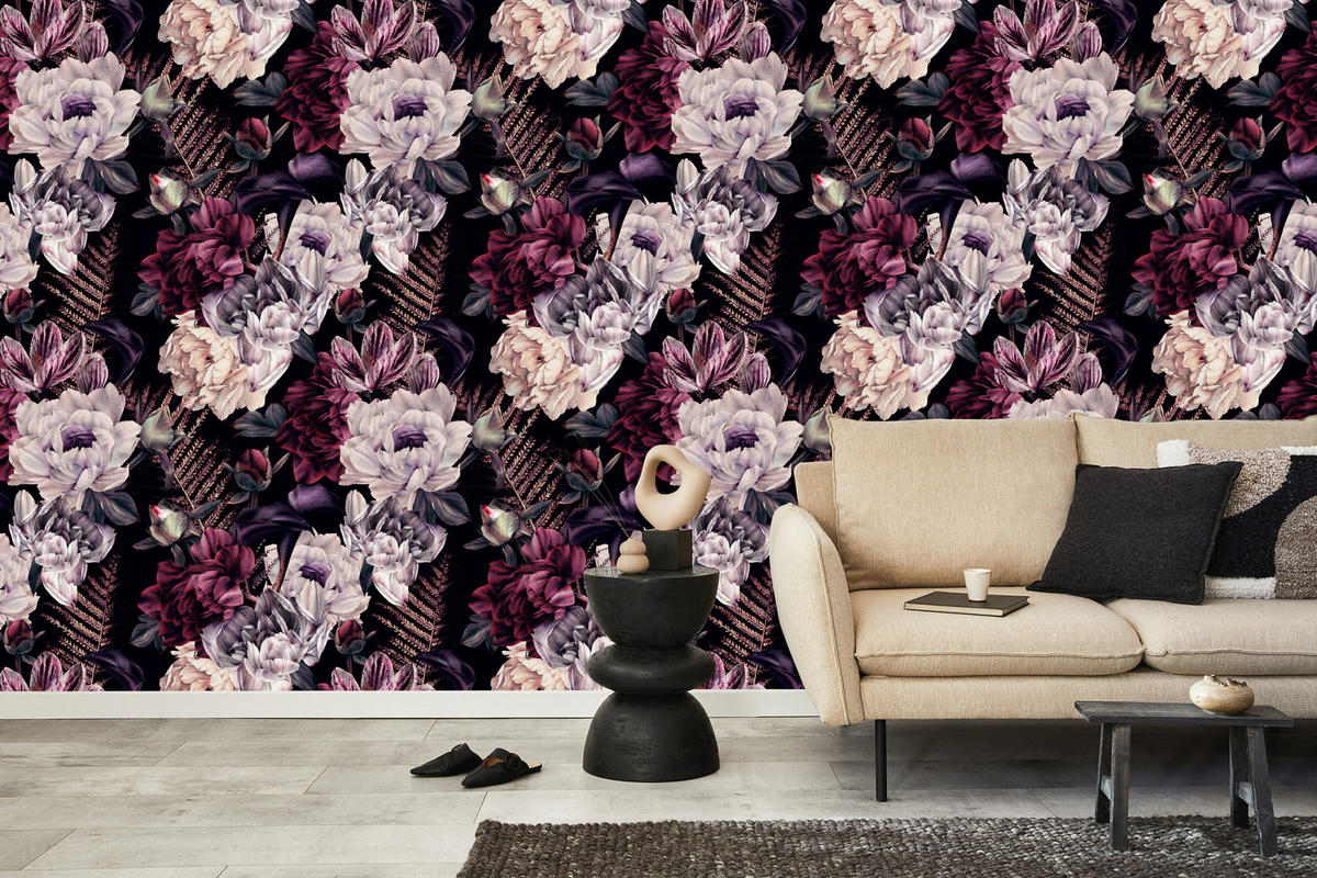 VLIESTAPETE Pfingstrosen im Glamour-Stil – Rosa, Lila, Schwarz – 50x1000 cm - Lila/Schwarz, Papier (50/1000cm) - Muralo