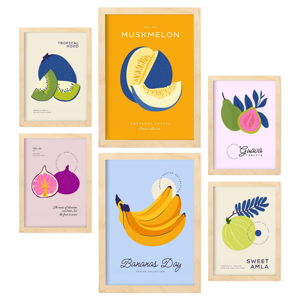POSTER Set Mit 6 Lebensmittel Und Ernährungs Tropische Früchte A3 & A4 Rahmen Aus Hellem Holz - Beige, Papier (29/3cm) - Nacnic