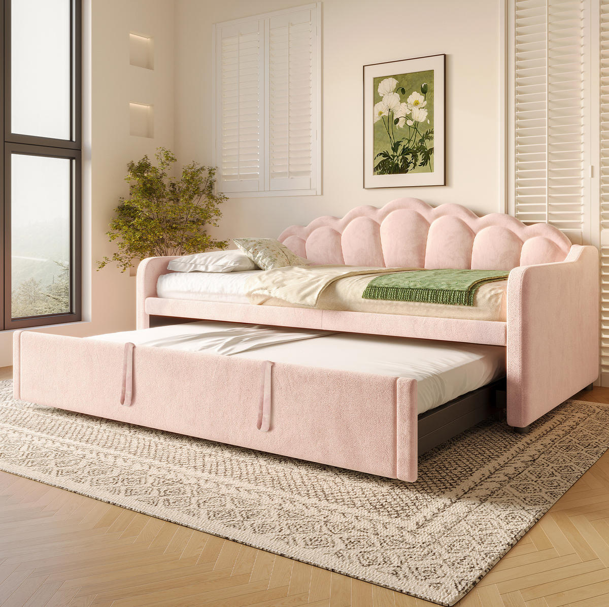 TAGESBETT aus Samt und MDF 90x200 cm Rosa mit Ausziehbett, LED-Beleuchtung und Liegefläche 180x200 cm - Rosa, Textil (90/190cm) - IVMEU