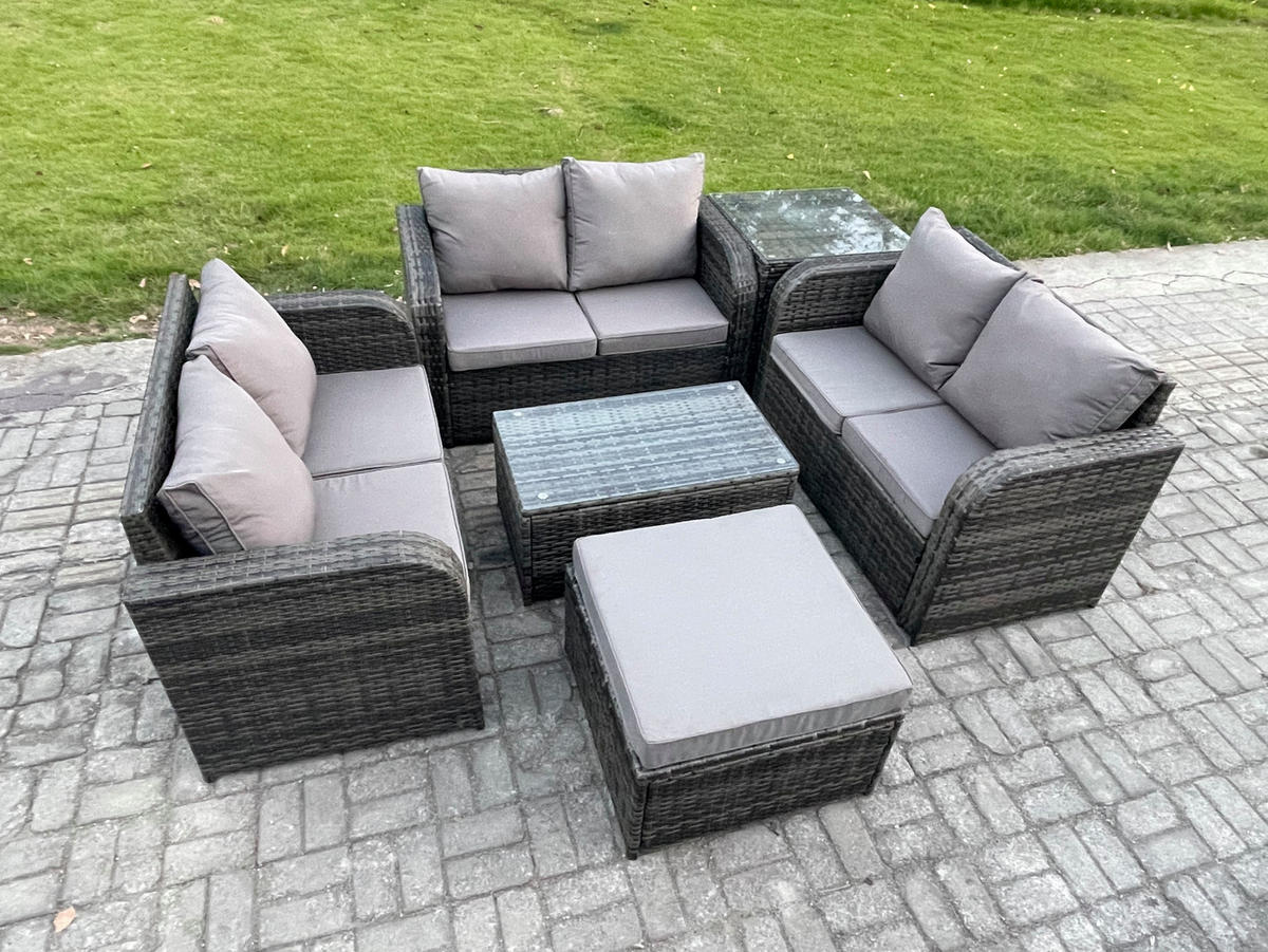 GARTENMÖBELGARNITUR mit KISSEN Polyrattan Dunkelgrau 7-Sitzer - Dunkelgrau/Grau, Glas/Kunststoff - Fimous