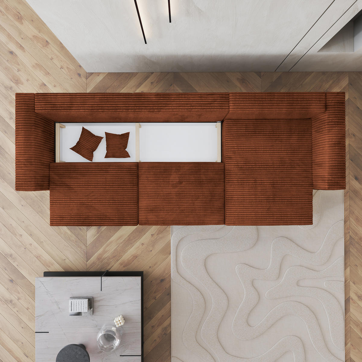 ECKSOFA TOLMO Braun Kordstoff mit Schlaffunktion - Braun, Holz (347/148cm) - MASSENO